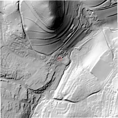 Shaded relief map of the ground around GL127NP, computed from Environment Agency LiDAR. The ground here sits at about 74 m above sea level and falls 108 m across the surrounding 800 m. Surface water reaching this point runs off ground lying to the north, 83.2 m higher.