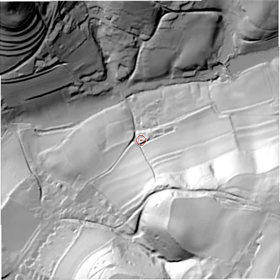Shaded relief map of the ground around GL127NQ, computed from Environment Agency LiDAR. The ground here sits at about 91 m above sea level and falls 137 m across the surrounding 800 m. Surface water reaching this point runs off ground lying to the south-east, 60.8 m higher.