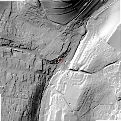 Shaded relief map of the ground around GL127NT, computed from Environment Agency LiDAR. The ground here sits at about 67 m above sea level and falls 64 m across the surrounding 800 m. Surface water reaching this point runs off ground lying to the north-west, 12.4 m higher.