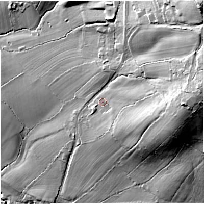 Shaded relief map of the ground around GL127PW, computed from Environment Agency LiDAR. The ground here sits at about 54 m above sea level and falls 67 m across the surrounding 800 m. Surface water reaching this point runs off ground lying to the east, 23.8 m higher.