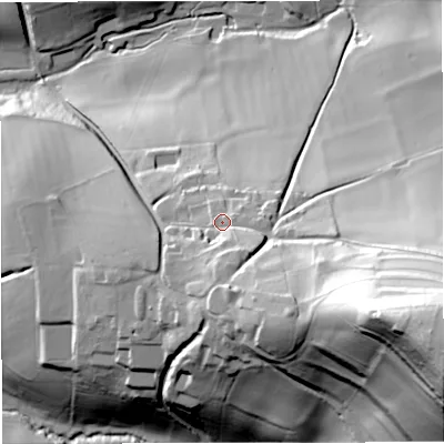 Shaded relief map of the ground around GL127QT, computed from Environment Agency LiDAR. The ground here sits at about 91 m above sea level and falls 102 m across the surrounding 800 m. Surface water reaching this point runs off ground lying to the south-east, 22.6 m higher.