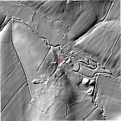 Shaded relief map of the ground around GL127QU, computed from Environment Agency LiDAR. The ground here sits at about 45 m above sea level and falls 16 m across the surrounding 800 m. Surface water reaching this point runs off ground lying to the south-south-west, 9.1 m higher.