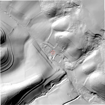 Shaded relief map of the ground around GL127RL, computed from Environment Agency LiDAR. The ground here sits at about 77 m above sea level and falls 116 m across the surrounding 800 m. Surface water reaching this point runs off ground lying to the north-east, 111.1 m higher.