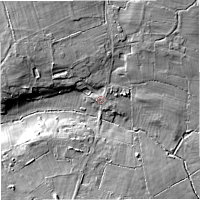 Shaded relief map of the ground around GL128AS, computed from Environment Agency LiDAR. The ground here sits at about 57 m above sea level and falls 12 m across the surrounding 800 m. Surface water reaching this point runs off ground lying to the north-east, 1.5 m higher.