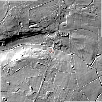 Shaded relief map of the ground around GL128AT, computed from Environment Agency LiDAR. The ground here sits at about 55 m above sea level and falls 12 m across the surrounding 800 m. Surface water reaching this point runs off ground lying to the south, 9.3 m higher.