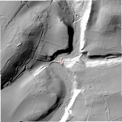 Shaded relief map of the ground around GL128AW, computed from Environment Agency LiDAR. The ground here sits at about 47 m above sea level and falls 51 m across the surrounding 800 m. Surface water reaching this point runs off ground lying to the west-north-west, 43.3 m higher.