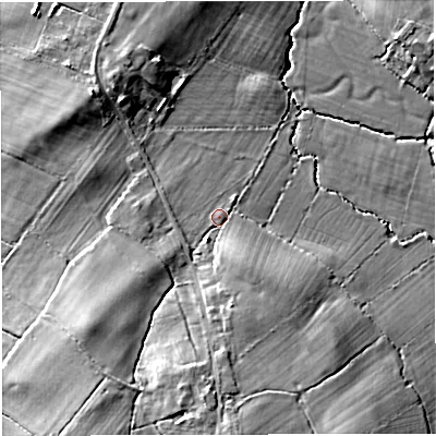 Shaded relief map of the ground around GL128BD, computed from Environment Agency LiDAR. The ground here sits at about 55 m above sea level and falls 12 m across the surrounding 800 m. Surface water reaching this point runs off ground lying to the south, 7.0 m higher.