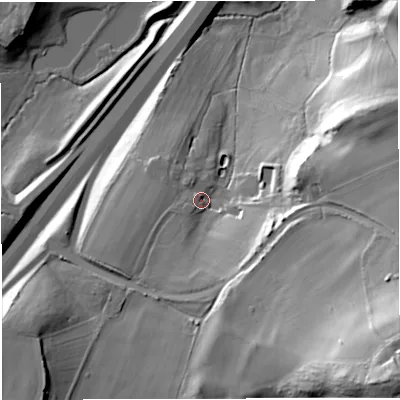 Shaded relief map of the ground around GL128BS, computed from Environment Agency LiDAR. The ground here sits at about 37 m above sea level and falls 68 m across the surrounding 800 m. Surface water reaching this point runs off ground lying to the south-east, 50.5 m higher.