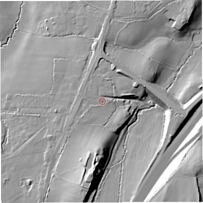 Shaded relief map of the ground around GL128BU, computed from Environment Agency LiDAR. The ground here sits at about 30 m above sea level and falls 19 m across the surrounding 800 m. Surface water reaching this point runs off ground lying to the north-north-west, 1.6 m higher.