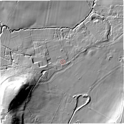 Shaded relief map of the ground around GL128DB, computed from Environment Agency LiDAR. The ground here sits at about 29 m above sea level and falls 32 m across the surrounding 800 m. Surface water reaching this point runs off ground lying to the west-south-west, 20.2 m higher.