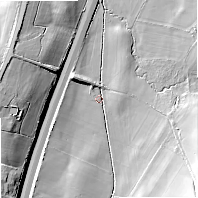 Shaded relief map of the ground around GL128DP, computed from Environment Agency LiDAR. The ground here sits at about 28 m above sea level and falls 29 m across the surrounding 800 m. Surface water reaching this point runs off ground lying to the south-east, 27.3 m higher.