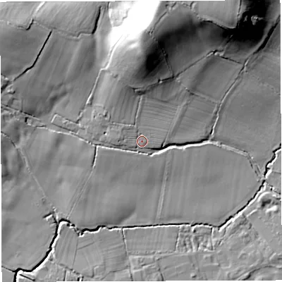 Shaded relief map of the ground around GL128DQ, computed from Environment Agency LiDAR. The ground here sits at about 30 m above sea level and falls 25 m across the surrounding 800 m. Surface water reaching this point runs off ground lying to the north-west, 3.4 m higher.