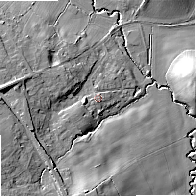 Shaded relief map of the ground around GL128EF, computed from Environment Agency LiDAR. The ground here sits at about 34 m above sea level and falls 21 m across the surrounding 800 m. Surface water reaching this point runs off ground lying to the south-west, 3.7 m higher.