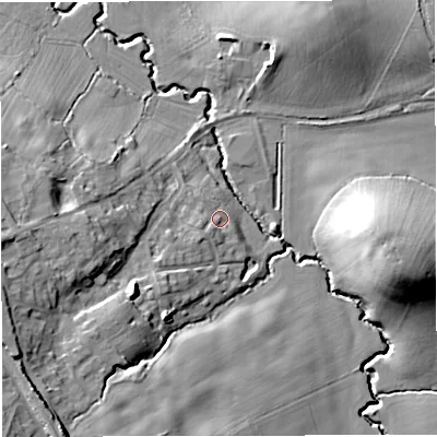 Shaded relief map of the ground around GL128EJ, computed from Environment Agency LiDAR. The ground here sits at about 30 m above sea level and falls 23 m across the surrounding 800 m. Surface water reaching this point runs off ground lying to the south-west, 2.8 m higher.