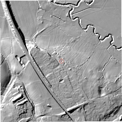 Shaded relief map of the ground around GL128ES, computed from Environment Agency LiDAR. The ground here sits at about 35 m above sea level and falls 24 m across the surrounding 800 m. Surface water reaching this point runs off ground lying to the south, 9.6 m higher.