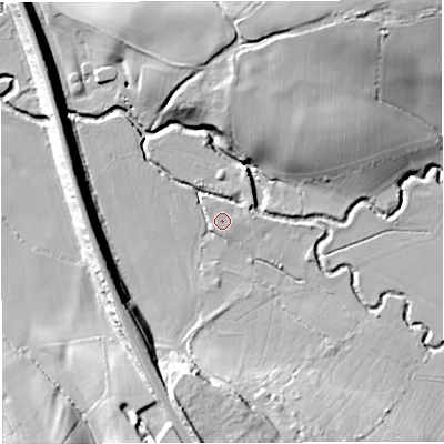 Shaded relief map of the ground around GL128ET, computed from Environment Agency LiDAR. The ground here sits at about 25 m above sea level and falls 24 m across the surrounding 800 m. Surface water reaching this point runs off ground lying to the east-south-east, 0.7 m higher.