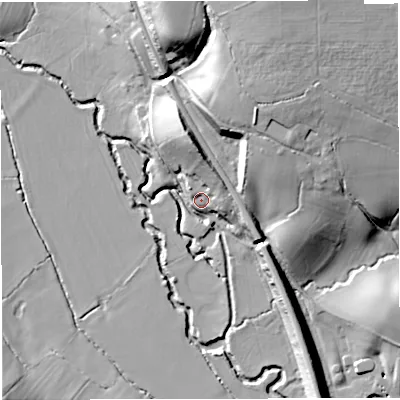 Shaded relief map of the ground around GL128EX, computed from Environment Agency LiDAR. The ground here sits at about 26 m above sea level and falls 28 m across the surrounding 800 m. Surface water reaching this point runs off ground lying to the north-north-east, 14.5 m higher.