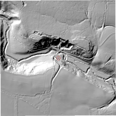 Shaded relief map of the ground around GL128HB, computed from Environment Agency LiDAR. The ground here sits at about 20 m above sea level and falls 42 m across the surrounding 800 m. Surface water reaching this point runs off ground lying to the south-west, 29.1 m higher.