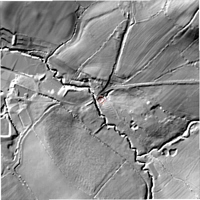 Shaded relief map of the ground around GL128JP, computed from Environment Agency LiDAR. The ground here sits at about 35 m above sea level and falls 34 m across the surrounding 800 m. Surface water reaching this point runs off ground lying to the north-east, 31.9 m higher.