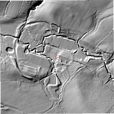 Shaded relief map of the ground around GL128JR, computed from Environment Agency LiDAR. The ground here sits at about 34 m above sea level and falls 18 m across the surrounding 800 m. Surface water reaching this point runs off ground lying to the east-south-east, 2.6 m higher.