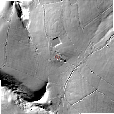 Shaded relief map of the ground around GL128JX, computed from Environment Agency LiDAR. The ground here sits at about 71 m above sea level and falls 37 m across the surrounding 800 m. Surface water reaching this point runs off ground lying to the north-east, 4.4 m higher.