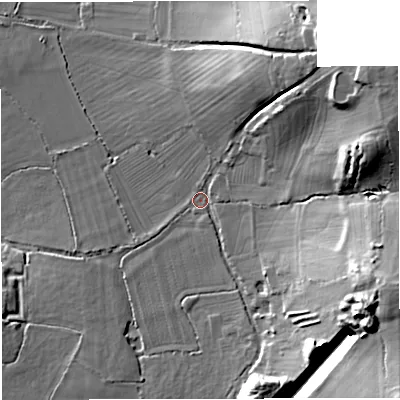Shaded relief map of the ground around GL128LD, computed from Environment Agency LiDAR. The ground here sits at about 62 m above sea level and falls 29 m across the surrounding 800 m. Surface water reaching this point runs off ground lying to the east-south-east, 24.4 m higher.
