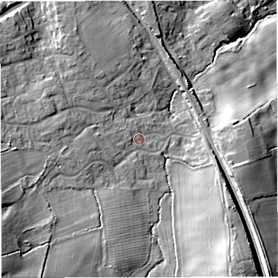 Shaded relief map of the ground around GL128LS, computed from Environment Agency LiDAR. The ground here sits at about 41 m above sea level and falls 23 m across the surrounding 800 m. Surface water reaching this point runs off ground lying to the west, 3.1 m higher.