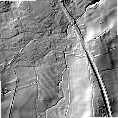 Shaded relief map of the ground around GL128LT, computed from Environment Agency LiDAR. The ground here sits at about 40 m above sea level and falls 21 m across the surrounding 800 m. Surface water reaching this point runs off ground lying to the south-west, 3.3 m higher.