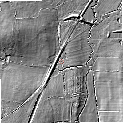 Shaded relief map of the ground around GL128PD, computed from Environment Agency LiDAR. The ground here sits at about 60 m above sea level and falls 11 m across the surrounding 800 m. Surface water reaching this point runs off ground lying to the south-south-west, 7.5 m higher.