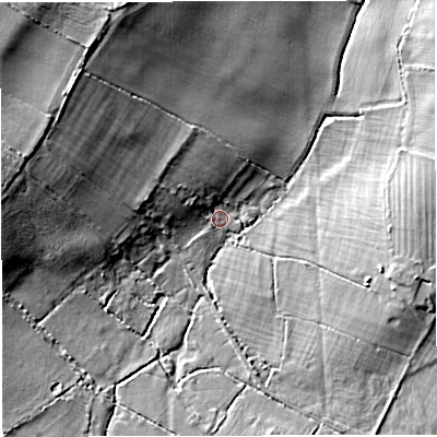 Shaded relief map of the ground around GL128QD, computed from Environment Agency LiDAR. The ground here sits at about 52 m above sea level and falls 18 m across the surrounding 800 m. Surface water reaching this point runs off ground lying to the north-west, 17.4 m higher.