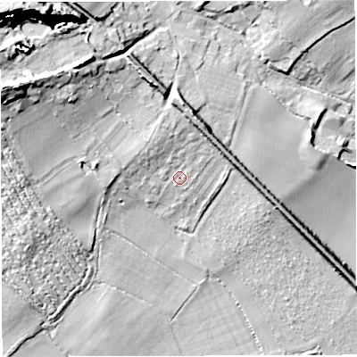 Shaded relief map of the ground around GL128QF, computed from Environment Agency LiDAR. The ground here sits at about 64 m above sea level and falls 45 m across the surrounding 800 m. Surface water reaching this point runs off ground lying to the north-north-west, 4.0 m higher.
