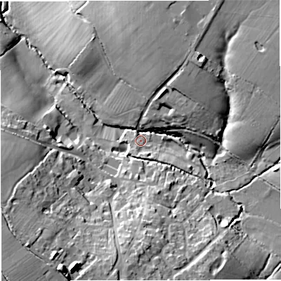 Shaded relief map of the ground around GL128RA, computed from Environment Agency LiDAR. The ground here sits at about 40 m above sea level and falls 24 m across the surrounding 800 m. Surface water reaching this point runs off ground lying to the south, 15.3 m higher.