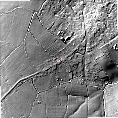 Shaded relief map of the ground around GL128RF, computed from Environment Agency LiDAR. The ground here sits at about 56 m above sea level and falls 19 m across the surrounding 800 m. Surface water reaching this point runs off ground lying to the west, 4.9 m higher.