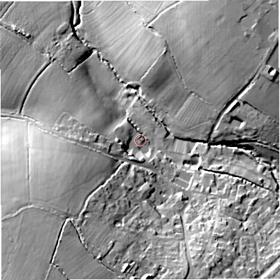 Shaded relief map of the ground around GL128RL, computed from Environment Agency LiDAR. The ground here sits at about 42 m above sea level and falls 25 m across the surrounding 800 m. Surface water reaching this point runs off ground lying to the south-west, 20.1 m higher.