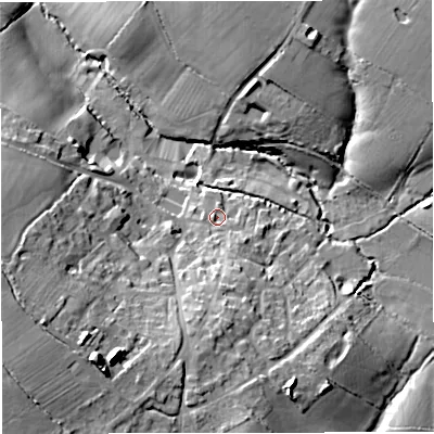 Shaded relief map of the ground around GL128RN, computed from Environment Agency LiDAR. The ground here sits at about 44 m above sea level and falls 22 m across the surrounding 800 m. Surface water reaching this point runs off ground lying to the south, 5.1 m higher.