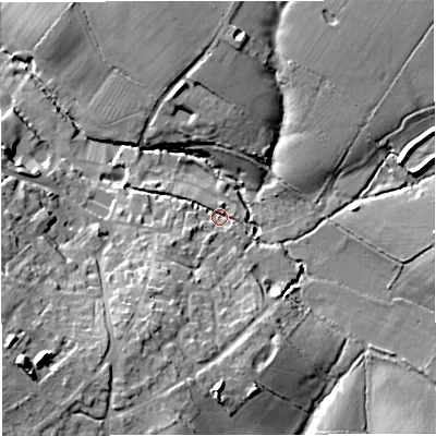 Shaded relief map of the ground around GL128RP, computed from Environment Agency LiDAR. The ground here sits at about 42 m above sea level and falls 22 m across the surrounding 800 m. Surface water reaching this point runs off ground lying to the south-west, 9.0 m higher.