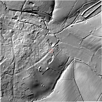 Shaded relief map of the ground around GL128SA, computed from Environment Agency LiDAR. The ground here sits at about 47 m above sea level and falls 17 m across the surrounding 800 m. Surface water reaching this point runs off ground lying to the south-south-west, 9.4 m higher.