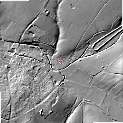 Shaded relief map of the ground around GL128SB, computed from Environment Agency LiDAR. The ground here sits at about 42 m above sea level and falls 17 m across the surrounding 800 m. Surface water reaching this point runs off ground lying to the north-east, 12.4 m higher.