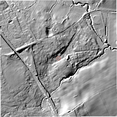 Shaded relief map of the ground around GL128SJ, computed from Environment Agency LiDAR. The ground here sits at about 35 m above sea level and falls 20 m across the surrounding 800 m. Surface water reaching this point runs off ground lying to the south-west, 6.9 m higher.
