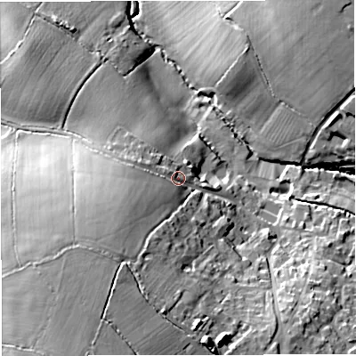 Shaded relief map of the ground around GL128SL, computed from Environment Agency LiDAR. The ground here sits at about 48 m above sea level and falls 25 m across the surrounding 800 m. Surface water reaching this point runs off ground lying to the south-west, 11.0 m higher.