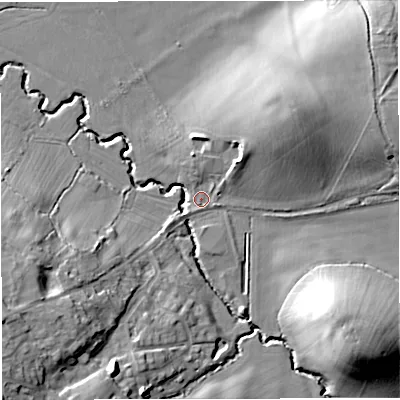 Shaded relief map of the ground around GL128SP, computed from Environment Agency LiDAR. The ground here sits at about 28 m above sea level and falls 23 m across the surrounding 800 m. Surface water reaching this point runs off ground lying to the south-east, 21.4 m higher.
