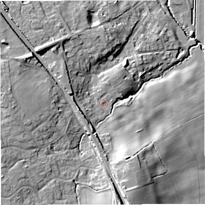 Shaded relief map of the ground around GL128ST, computed from Environment Agency LiDAR. The ground here sits at about 37 m above sea level and falls 21 m across the surrounding 800 m. Surface water reaching this point runs off ground lying to the south-south-east, 10.9 m higher.