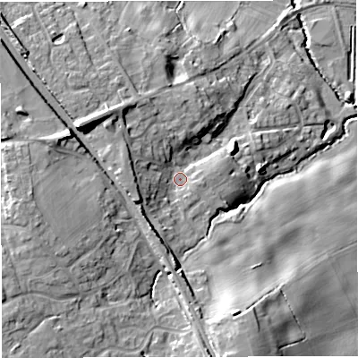 Shaded relief map of the ground around GL128SU, computed from Environment Agency LiDAR. The ground here sits at about 36 m above sea level and falls 19 m across the surrounding 800 m. Surface water reaching this point runs off ground lying to the west-south-west, 6.2 m higher.