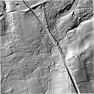 Shaded relief map of the ground around GL128SZ, computed from Environment Agency LiDAR. The ground here sits at about 39 m above sea level and falls 20 m across the surrounding 800 m. Surface water reaching this point runs off ground lying to the south-south-east, 12.2 m higher.