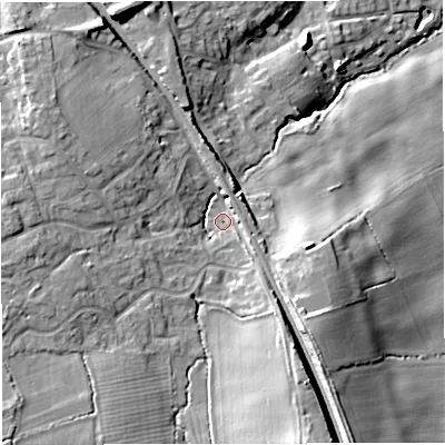 Shaded relief map of the ground around GL128TR, computed from Environment Agency LiDAR. The ground here sits at about 38 m above sea level and falls 23 m across the surrounding 800 m. Surface water reaching this point runs off ground lying to the south-south-east, 13.8 m higher.