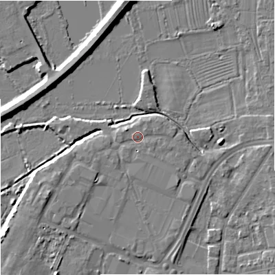 Shaded relief map of the ground around GL12BL, computed from Environment Agency LiDAR. The ground here sits at about 12 m above sea level and falls 7 m across the surrounding 800 m. Surface water reaching this point runs off ground lying to the south-east, 2.2 m higher.