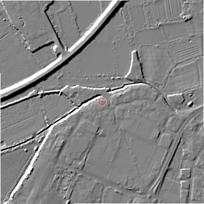 Shaded relief map of the ground around GL12BW, computed from Environment Agency LiDAR. The ground here sits at about 12 m above sea level and falls 8 m across the surrounding 800 m. Surface water reaching this point runs off ground lying to the south-west, 4.5 m higher.