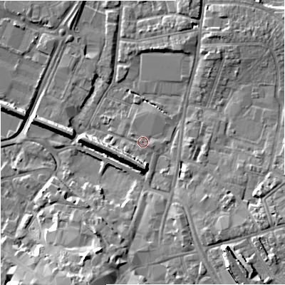 Shaded relief map of the ground around GL12BX, computed from Environment Agency LiDAR. The ground here sits at about 12 m above sea level and falls 12 m across the surrounding 800 m. Surface water reaching this point runs off ground lying to the east-south-east, 0.8 m higher.