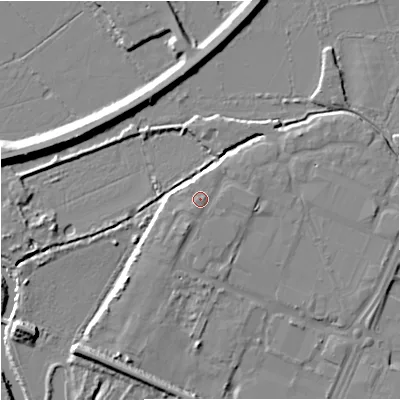 Shaded relief map of the ground around GL12BZ, computed from Environment Agency LiDAR. The ground here sits at about 13 m above sea level and falls 9 m across the surrounding 800 m. Surface water reaching this point runs off ground lying to the south-south-west, 0.9 m higher.