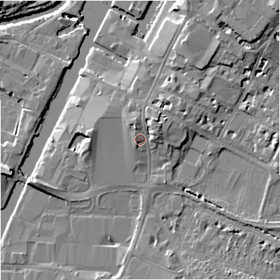 Shaded relief map of the ground around GL12EZ, computed from Environment Agency LiDAR. The ground here sits at about 14 m above sea level and falls 14 m across the surrounding 800 m. Surface water reaching this point runs off ground lying to the north-north-west, 2.3 m higher.
